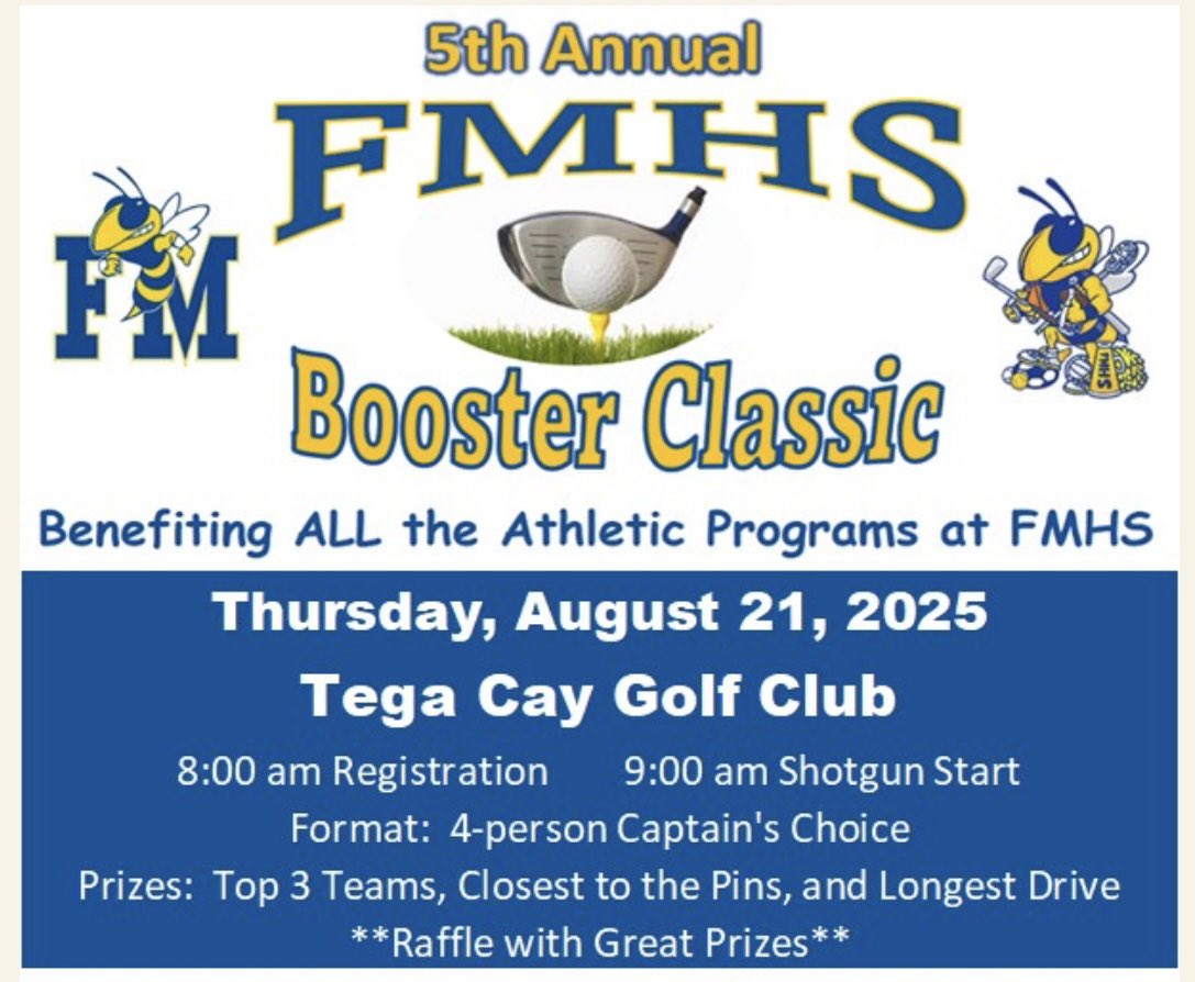 FortMillJackets's tweet image. *** CALLING ALL GOLFERS ***

The Fort Mill High School Athletic Booster Club is hosting its 5th Annual Booster Classic Golf Tournament on Thursday, August 21, 2025 at Tega Cay Golf Club. The Booster Classic is our major fundraiser for the year
form.jotform.com/251396283626161