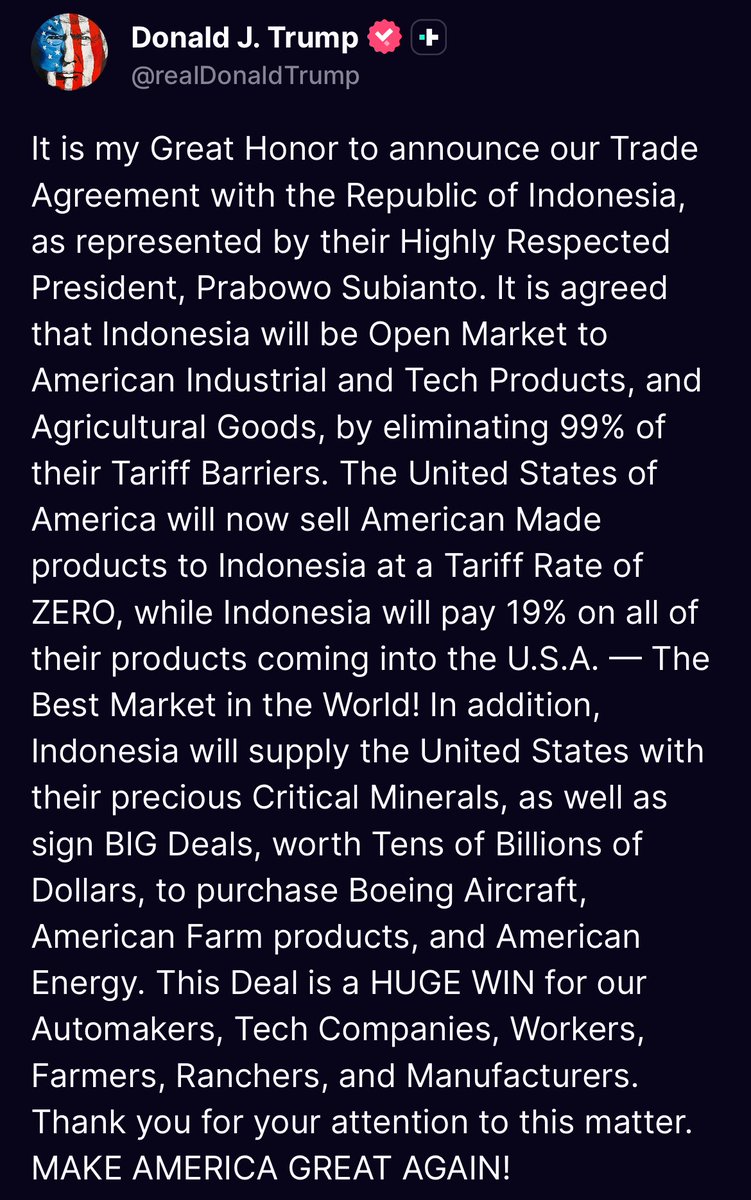 HO2604's tweet image. Jetzt auch mehr Details zum 🇺🇸- 🇮🇩 Handelsabkommen. Die Einigung hat Trump schon letzte Woche angekündigt.
Was bei uns letzte Woche jedoch ziemlich unterging: Die 🇪🇺 und 🇮🇩 haben am 13.07 eine politische Einigung über ein Freihandelsabkommen erzielt. dihk.de/de/aktuelles-u…