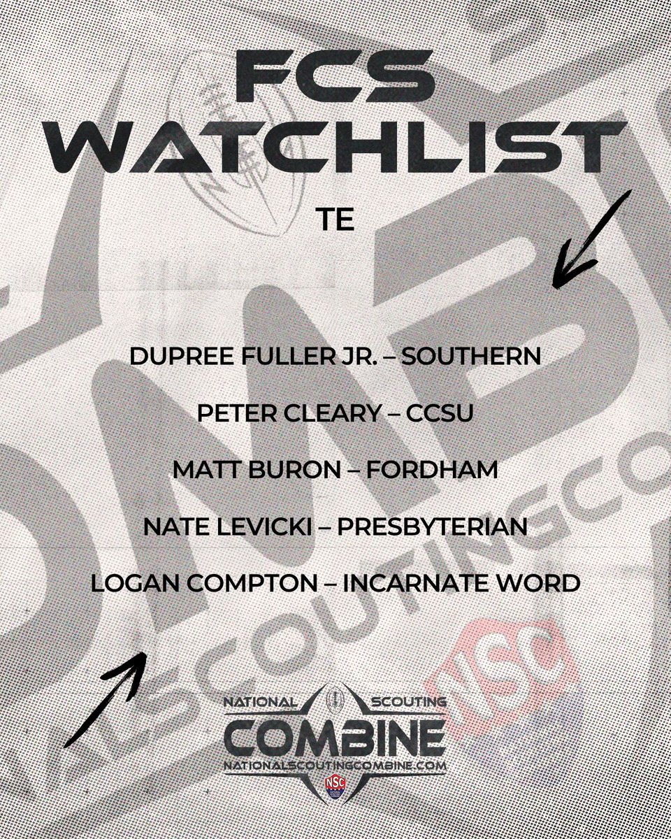 NSCombine's tweet image. FCS Watchlist Week 7 🔥🏈
We want to see you in Naples! 🏝️😎
@dupree_fuller
@petecleary16
@Buron22
@natelevicki
@logancompton80
#NSC2026 #DraftEligible #Showcase #ProFootball #TE
