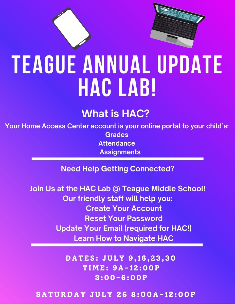 Teague Middle School (@teaguems_aisd) on Twitter photo Teague MS Parents level up your connection! 🚀 Our HAC Lab helps you set up your Home Access Center account for grades, attendance & more.  #TeagueParents #HACLab #ConnectedParents Teague MS Parents level up your connection! 🚀 Our HAC Lab helps you set up your Home Access Center account for grades, attendance & more.  #TeagueParents #HACLab #ConnectedParents