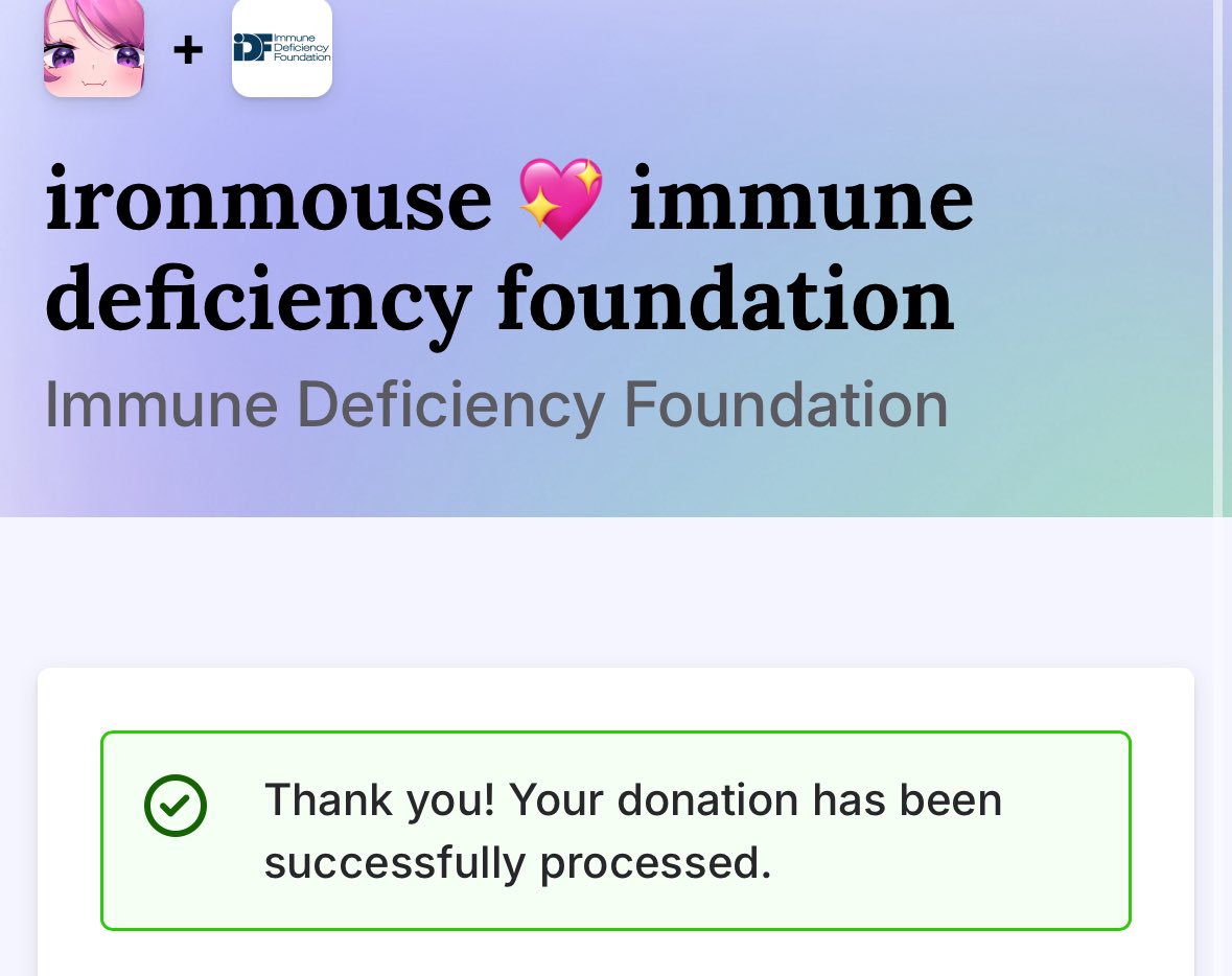 KumomoVT's tweet image. It’s not much but I genuinely wanted to send some support after seeing everything going on🙏💕
I wish the best for mousey and the immune deficiency foundation!!💕✨