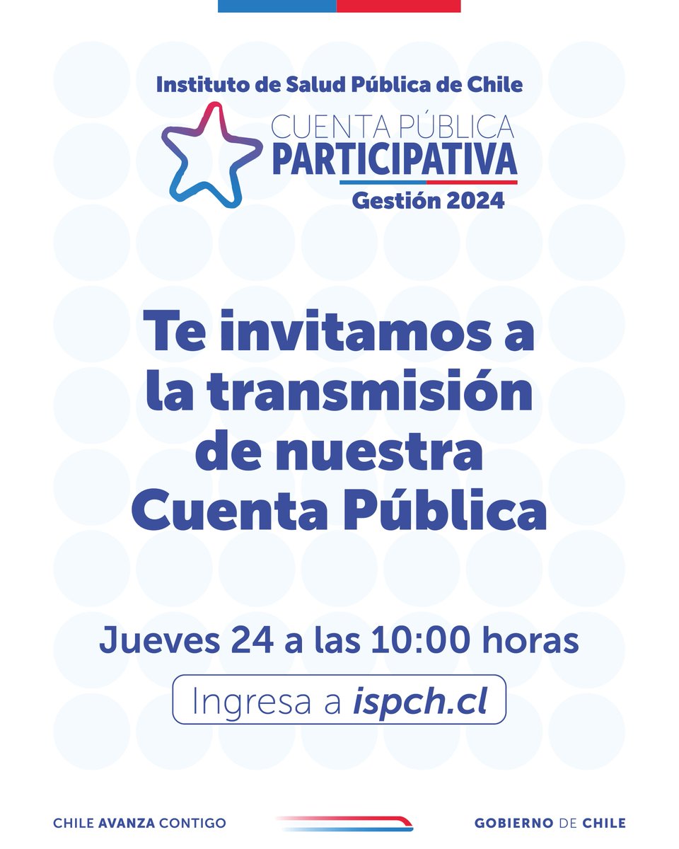 ispch's tweet image. El @ispch invita a participar de la Cuenta Pública Participativa Gestión 2024
Jueves 24 de julio
10:00 horas
Transmisión en directo por
👉ispch.cl
#Medicamentos
#Vacunas
#VirusRespiratorios
#VigilanciaSanitaria
#Enfermedadesvirales
#Enfermedadesinfecciosas