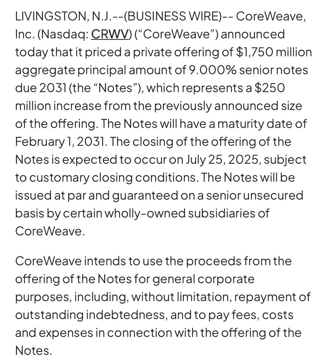 FilingsTracker's tweet image. $CRWV CoreWeave Announces Upsize and Pricing of $1.75 billion of Senior Notes:
investors.coreweave.com/news/news-deta…