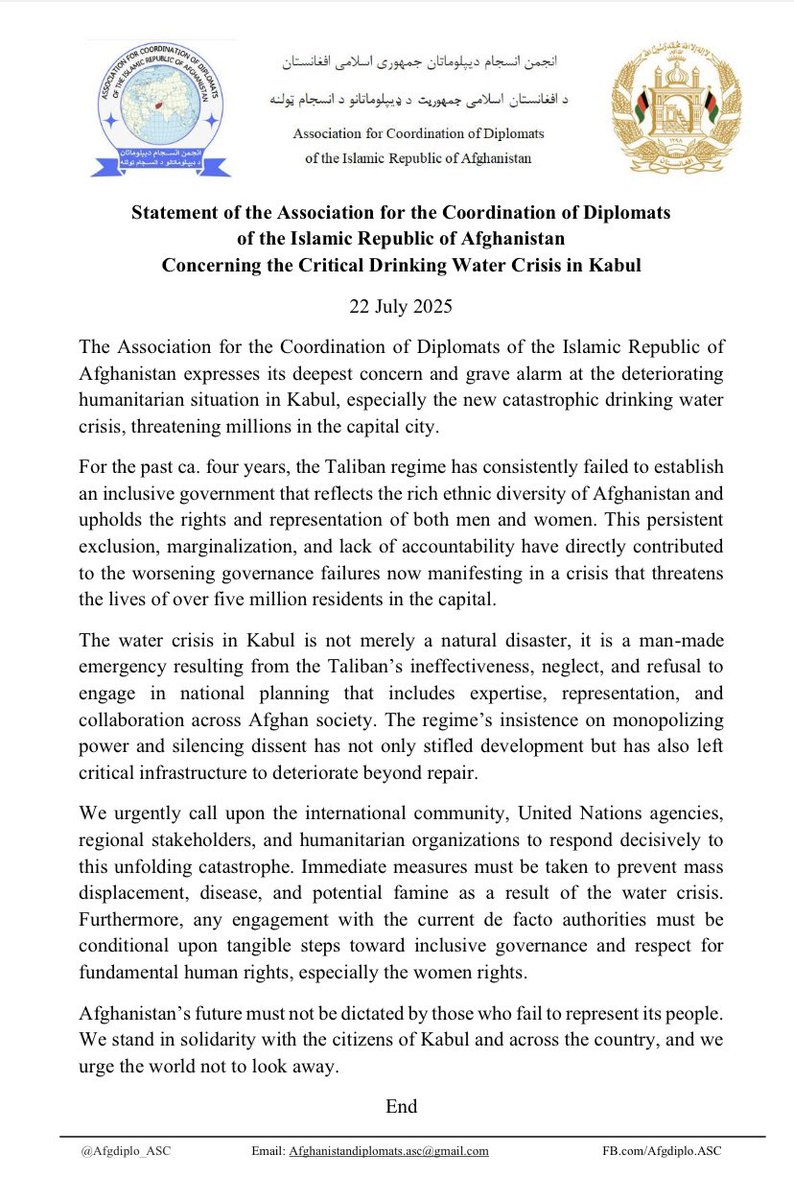 Afgdiplo_ASC's tweet image. Statement of the Association for Coordination of Diplomats of the Islamic Republic of Afghanistan, concerning the  Critical Drinking Water Crises in Kabul 

July 22, 2025