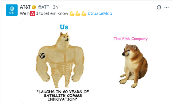 fr33d3r's tweet image. AT&T is one of the largest companies in the U.S., and it's surprising that they just posted not one but three memes on their official @ATT account showing support for Spacemob.
This is very bullish. $T clearly has strong confidence in the value of its partnership with $ASTS
