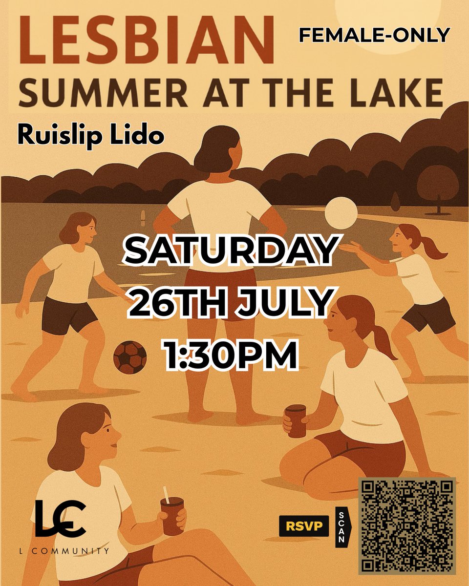 LCommunityHQ's tweet image. It’s not the seaside. But it’s close enough.
Lake. Sand. Women who get it.
Lesbian Summer at the Lake
Ruislip Lido
This Saturday, 26th July, 1:30pm
Female-only. All ages welcome.
It’s Ruislip, not Rio. But you’ll still get sun and lesbians.