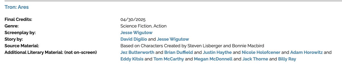 mavericksmovies's tweet image. Tron: Ares has ended up with an super eclectic combination of people who contributed "additional literary material" to the screenplay
Tom McCarthy (Spotlight), Billy Ray (Captain Phillips), Nicole Holofcener (Can You Ever Forgive Me?), and Jez Butterworth (Ford v Ferrari) among…