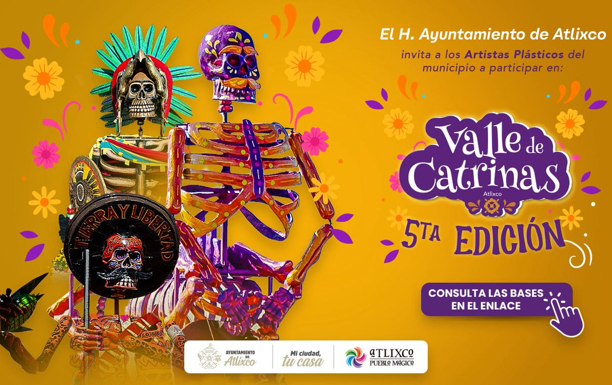 Estamos convocando a las y los artistas plásticos del municipio a formar parte del Valle de Catrinas 5ª edición, una celebración que honra nuestras raíces a través de la creatividad y el colorido de la cartonería mexicana.
Consulta las bases en el enlace: drive.google.com/file/d/1NB13ds…