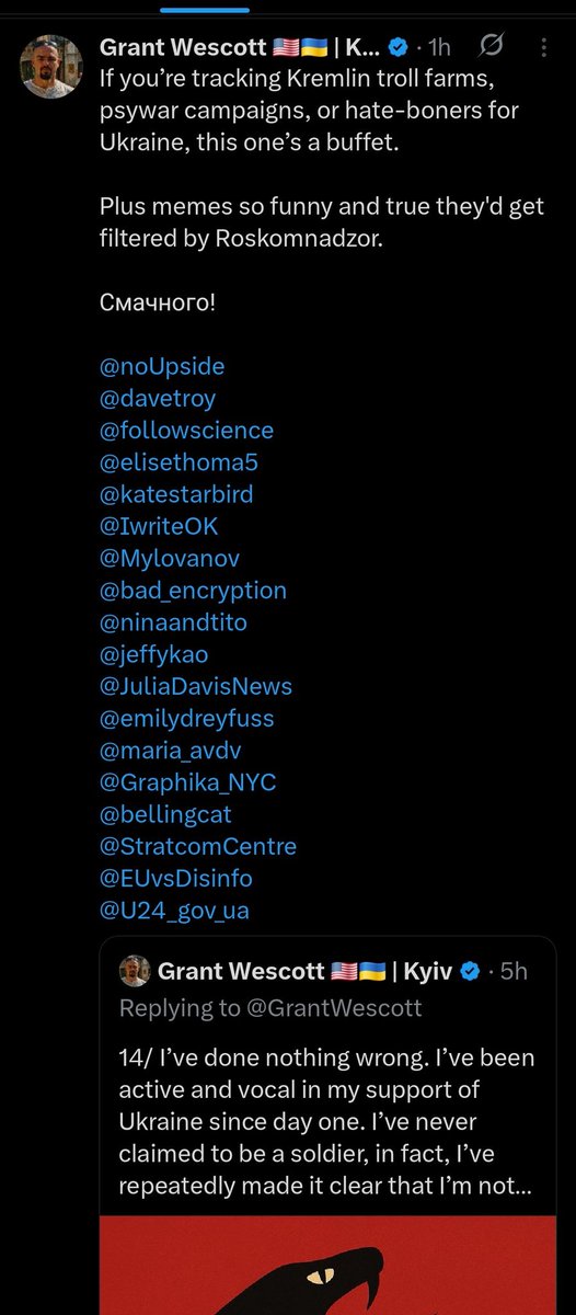 UAMyasnyk's tweet image. One of the cringiest things I've ever seen. Retweeting your own 19 tweet thread posted over the course of 14 hours to tag a laundry list of people that you're so beneath it's actually pitiful.
Oh yeah, and about that United24 tag...
When will we see articles about you, Grant? 🤔