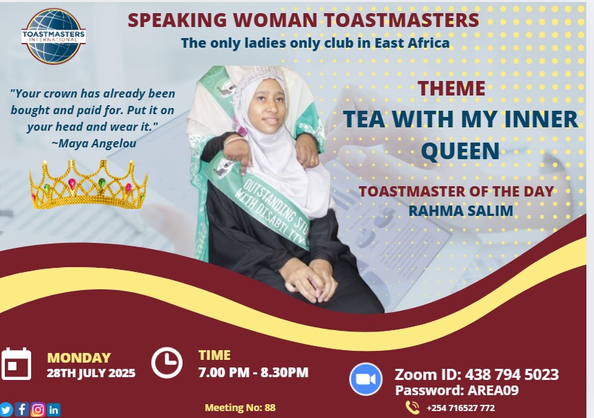 📷 Sip, Shine &amp; Speak! 📷
Join the Queens for a regal evening themed "Tea With My Inner Queen", a celebration of inner strength, voice, and power.

#SpeakingWomanToastmasters #InnerQueen #PublicSpeaking #Empowerment #Toastmastersz