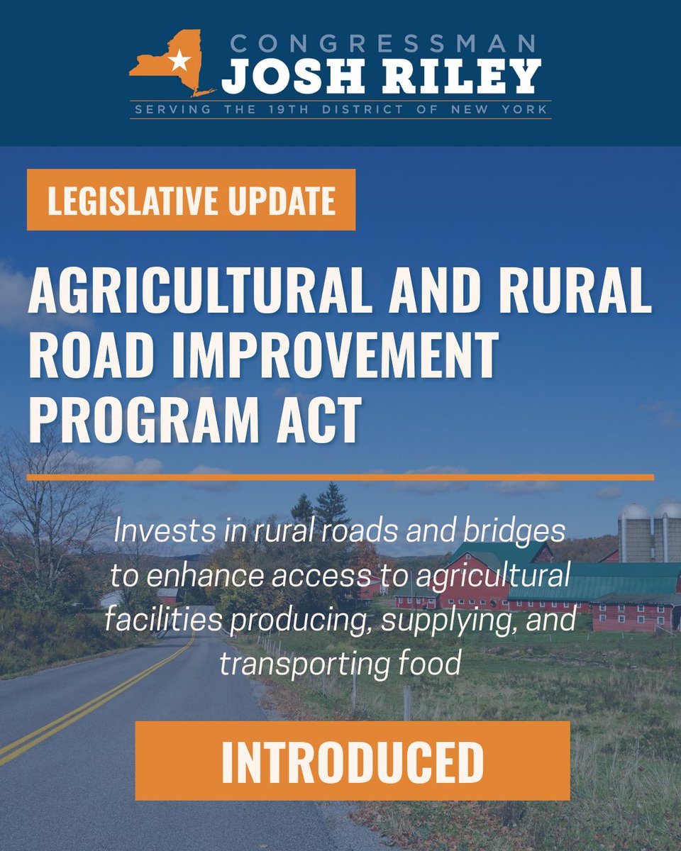 RepRileyNY's tweet image. I'm introducing the Agricultural and Rural Road Improvement Program Act to repair the roads our farmers depend on.
Better infrastructure means lower costs, fewer delays, and safer communities.
