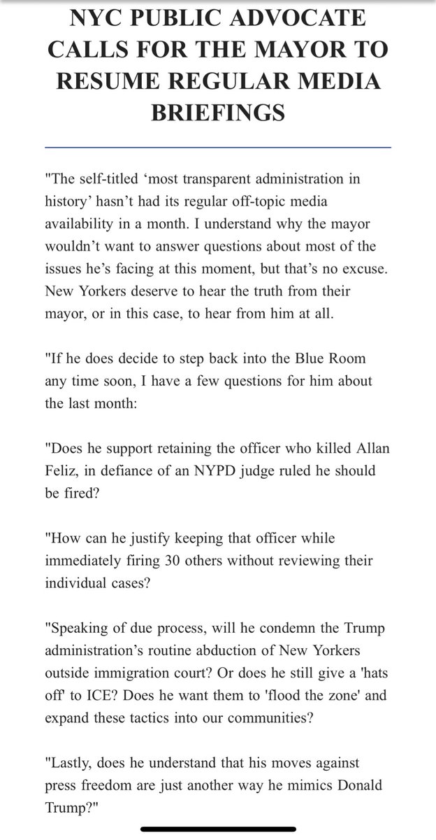 katiehonan.bsky.social (@katie_honan) on Twitter photo The original âoff topicâ pressers could be useful when mayorâs officials were at the dais to share info, could be useful when it was just the mayor, but the new âstrategyâ of âmaybe weâll call on you at a press conferenceâ doesnât make sense either. <a href="/JumaaneWilliams/">Jumaane Williams (@jumaane.bsky.social)</a> has thoughts The original âoff topicâ pressers could be useful when mayorâs officials were at the dais to share info, could be useful when it was just the mayor, but the new âstrategyâ of âmaybe weâll call on you at a press conferenceâ doesnât make sense either. <a href="/JumaaneWilliams/">Jumaane Williams (@jumaane.bsky.social)</a> has thoughts