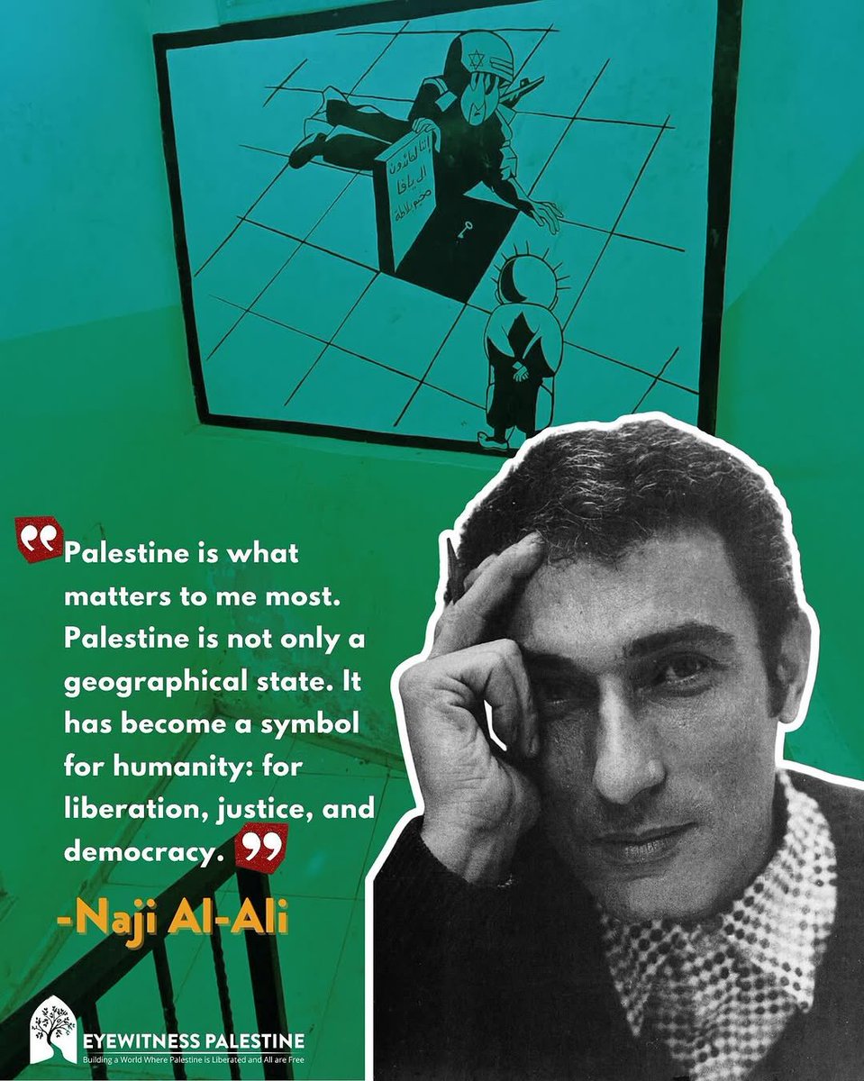 LONERANGE's tweet image. Remembering Palestinian cartoonist Naji al-Ali, who was assassinated in London on this day in 1987. His voice lives on through the #Handala— the barefoot boy rooted in resistance, refusing to grow up until Palestine is free.
Via @eyewitnesspalestine IG