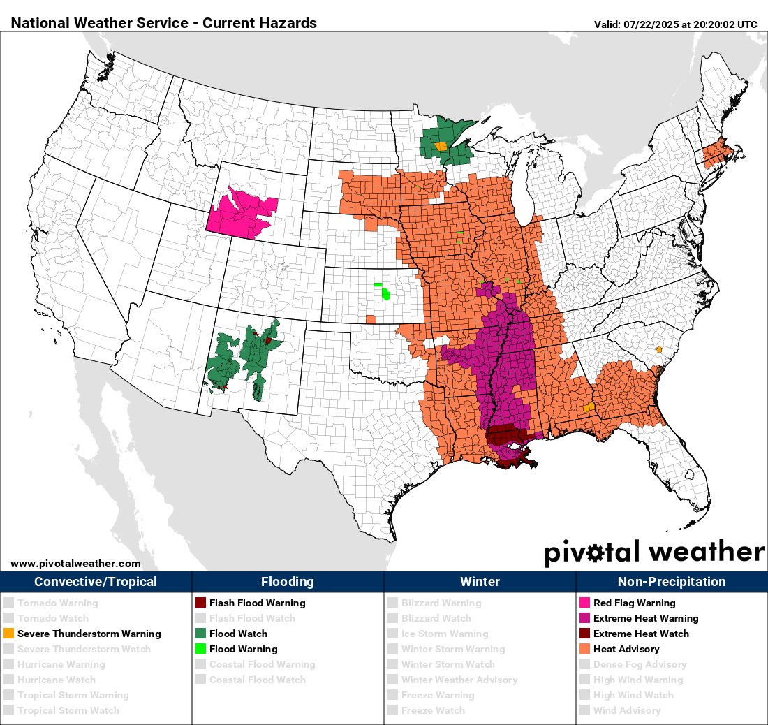 climateguyw's tweet image. On 7/22 major #HeatwavePemex continued as a mid-range CAT3 system. Advisories were trimmed out of the central Plains but added in the Upper Midwest. Pemex will produce many high min records this week. My heatwave criteria: guyonclimate.com/2025/04/12/ext…
@olliemilman @BMcNoldy @KHayhoe