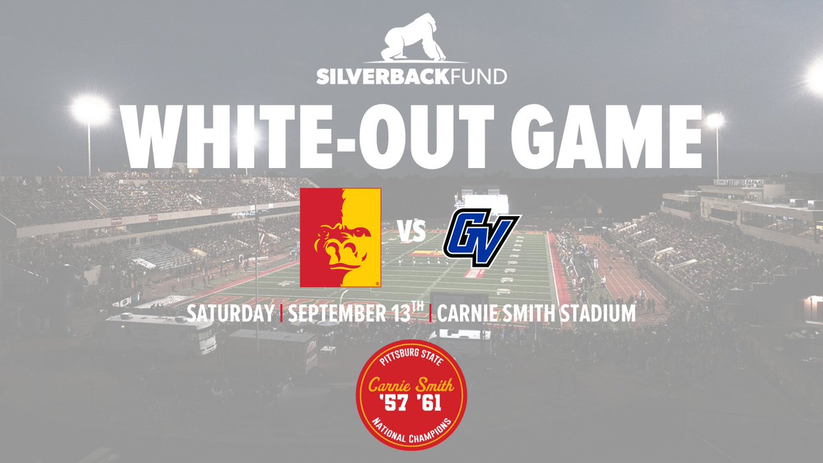 Pitt State Athletics 🦍 (@pittstgorillas) on Twitter photo 🚨WHITE-OUT THE JUNGLE🚨
We're commemorating legendary PSU football coach Carnie Smith and the 1957/1961 National Championship teams in our Silverback Fund WHITEOUT game September 13th 🦍🏈
Get your exclusive WHITEOUT gear here-->bitly.cx/1gUM
<a href="/GorillasFB/">Pitt State Football</a>|<a href="/pittstate/">Pittsburg State</a> 🚨WHITE-OUT THE JUNGLE🚨
We're commemorating legendary PSU football coach Carnie Smith and the 1957/1961 National Championship teams in our Silverback Fund WHITEOUT game September 13th 🦍🏈
Get your exclusive WHITEOUT gear here-->bitly.cx/1gUM
<a href="/GorillasFB/">Pitt State Football</a>|<a href="/pittstate/">Pittsburg State</a>