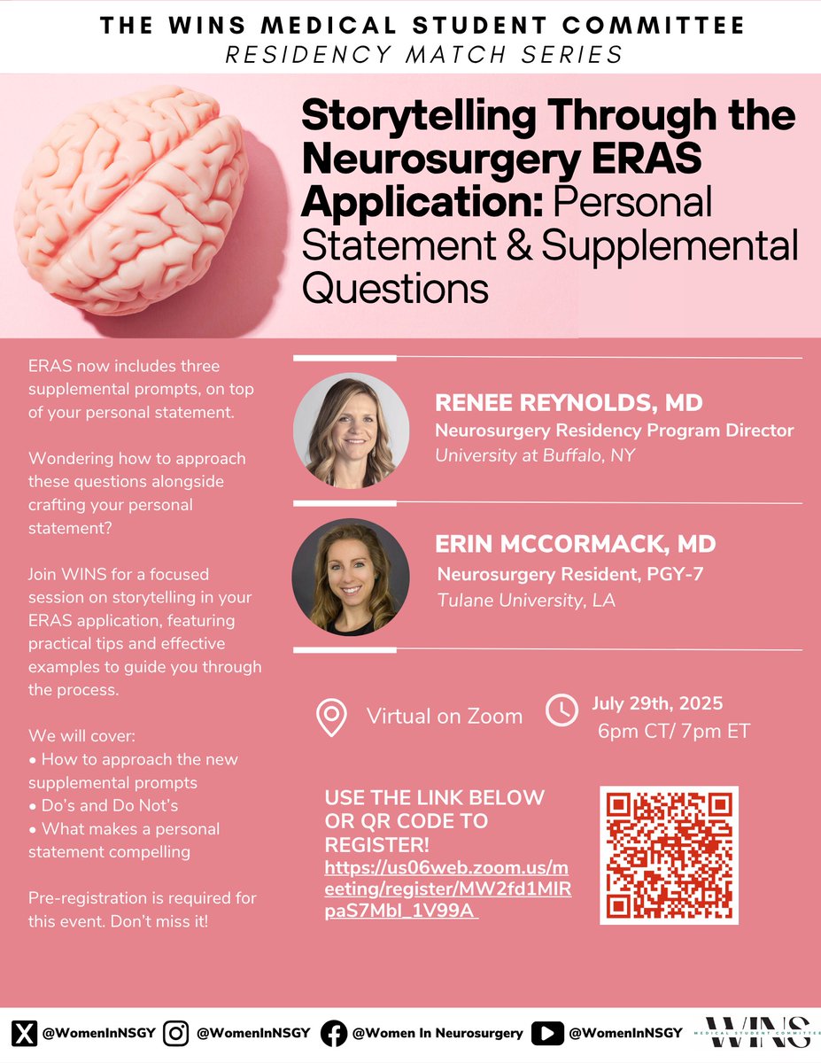 WomenInNSGY's tweet image. Craft your neurosurgery ERAS story with confidence. Join WINS for a session on personal statements & new supplemental prompts—featuring tips, examples & do’s/don’ts. Pre-registration required. Don’t miss it!