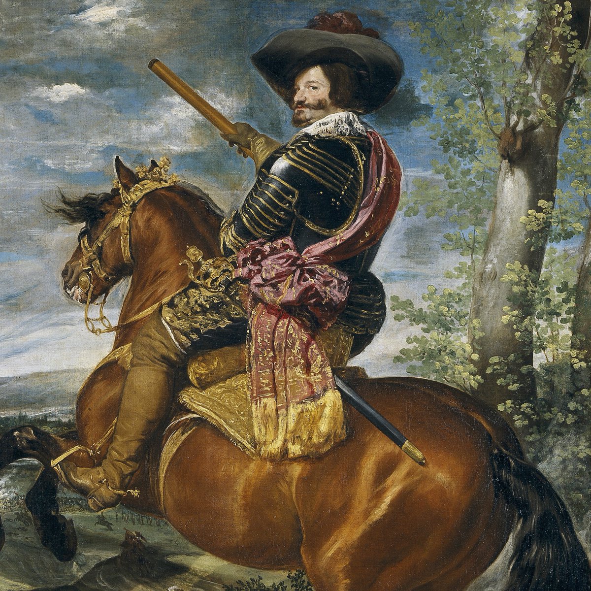 HispaniarumRex's tweet image. Detalle del retrato ecuestre de Gaspar de Guzmán y Pimentel, Conde-Duque de Olivares, por Diego Velázquez (ca. 1636).
Olivares aparece a caballo con una pose poderosa y desafiante. En el fondo, se aprecia un paisaje con humo y fuego, sugiriendo un contexto bélico.