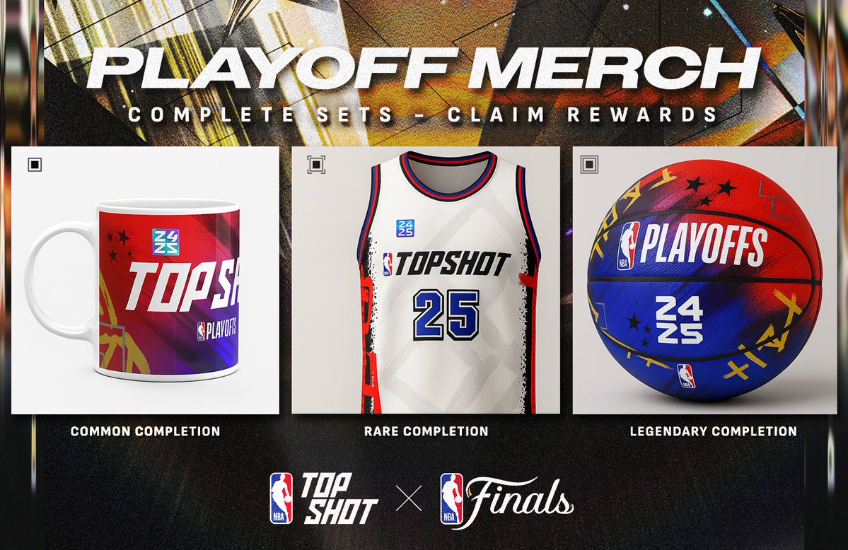 NBATopShot's tweet image. 🏆Are you ready to earn Top Shot Merch?
🗓️Playoff Set Locking Deadlines are quickly approaching!
🔒Lock your 2025 NBA Playoffs Common, Rare, and Legendary Sets by July 29th at 6 PM ET to earn the following rewards:
🔹Common Set: Top Shot Mug
🔹Rare Set: Top Shot Jersey…