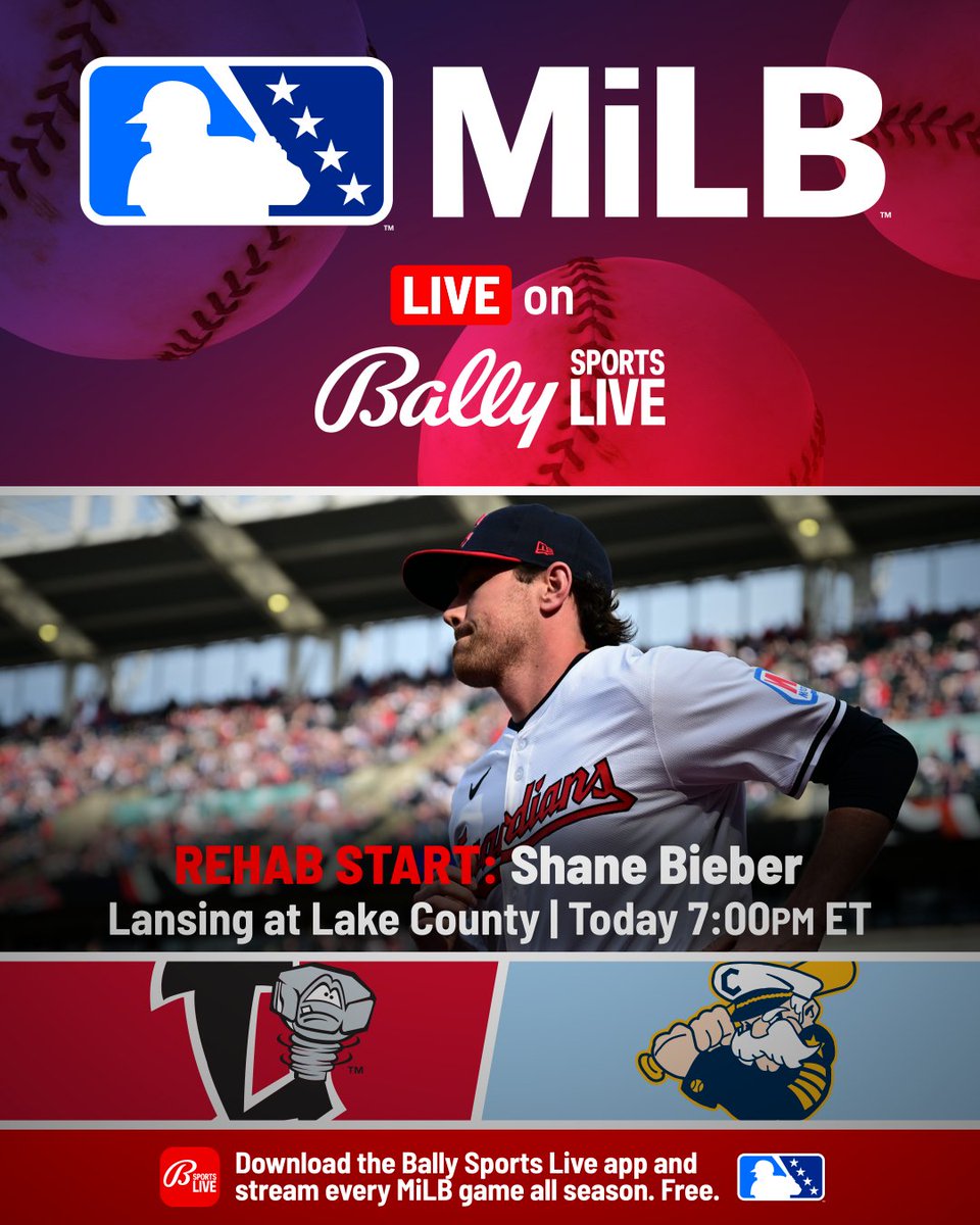 Bally__Sports's tweet image. Shane Bieber is set to take the mound! 🔥⚾️
Watch the Guardians ace make a rehab start for High-A @LCCaptains
🖥️ Watch on the MiLB channel: ballysports.com/channels/milb
📱 Stream it in the Bally Sports Live app!