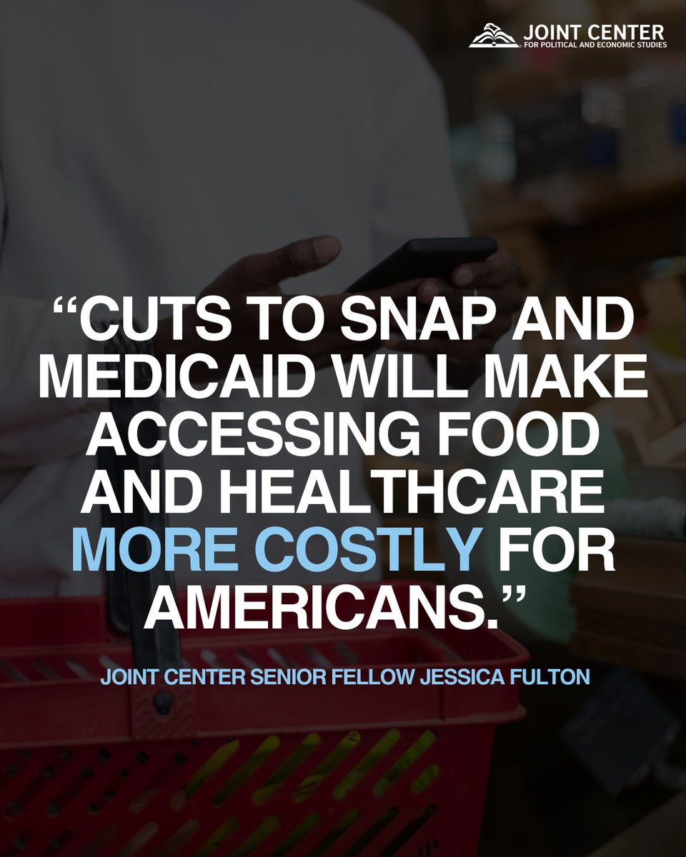 JointCenter's tweet image. 🚨 The latest federal budget reconciliation bill cuts deeply into SNAP and Medicaid, two programs that serve tens of millions of low-income Americans.
Our latest analysis by @JessicaJFulton explores how Black communities will be disproportionately harmed and what policymakers…