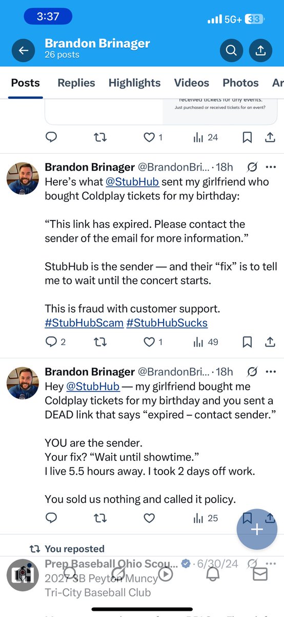 BrandonBrinager's tweet photo. 4.5 hours into this drive.

No tickets. No response. No accountability.

@StubHubSupport asked me to DM 18 HOURS ago. Still hasn’t been read.

We’re 60 minutes from Nashville with nothing but an expired link.

@bbb_us — this deserves attention. #StubHubScam #StubHubSucks https://t.co/6nNcCzsgkC
