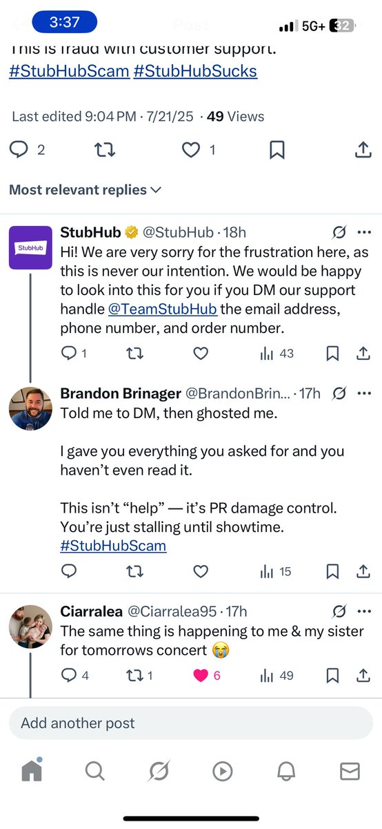 BrandonBrinager's tweet photo. 4.5 hours into this drive.

No tickets. No response. No accountability.

@StubHubSupport asked me to DM 18 HOURS ago. Still hasn’t been read.

We’re 60 minutes from Nashville with nothing but an expired link.

@bbb_us — this deserves attention. #StubHubScam #StubHubSucks https://t.co/6nNcCzsgkC