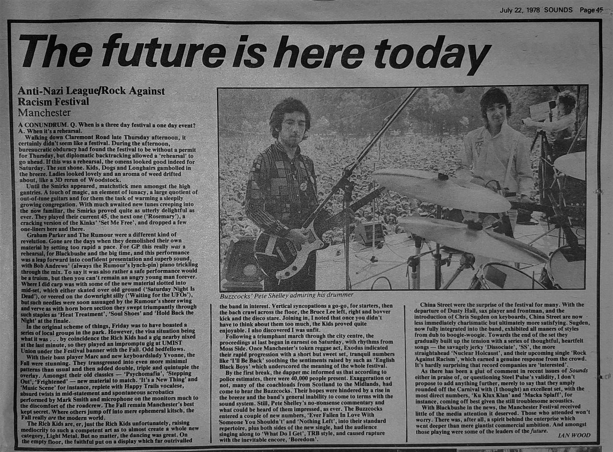 SoundsClips's tweet image. Rock Against Racism Festival in Manchester reviewed by Ian Wood in Sounds 22nd, July 1978 with Graham Parker, Rich Kids, The Fall, Buzzcocks and Steel Pulse.