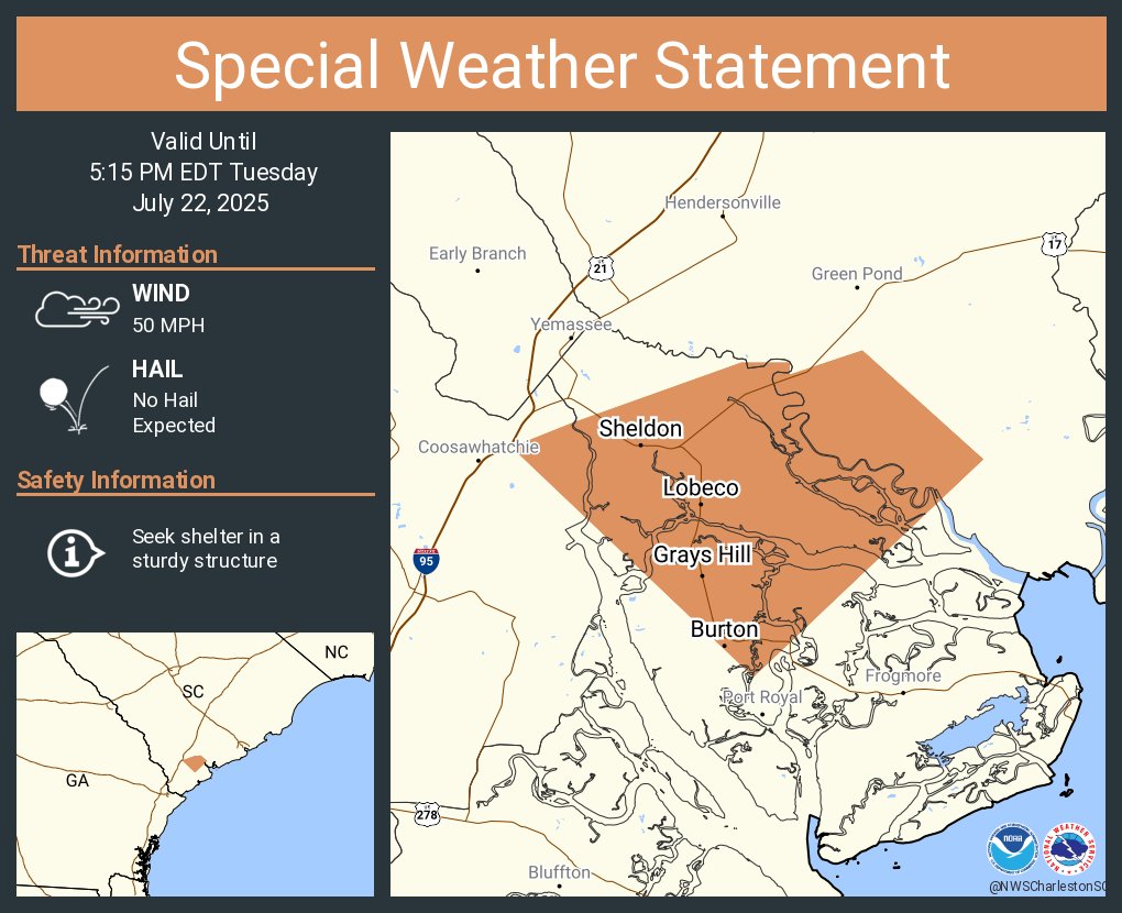 NWSCharlestonSC's tweet image. A special weather statement has been issued for Burton SC, Grays Hill SC and Sheldon SC until 5:15 PM EDT