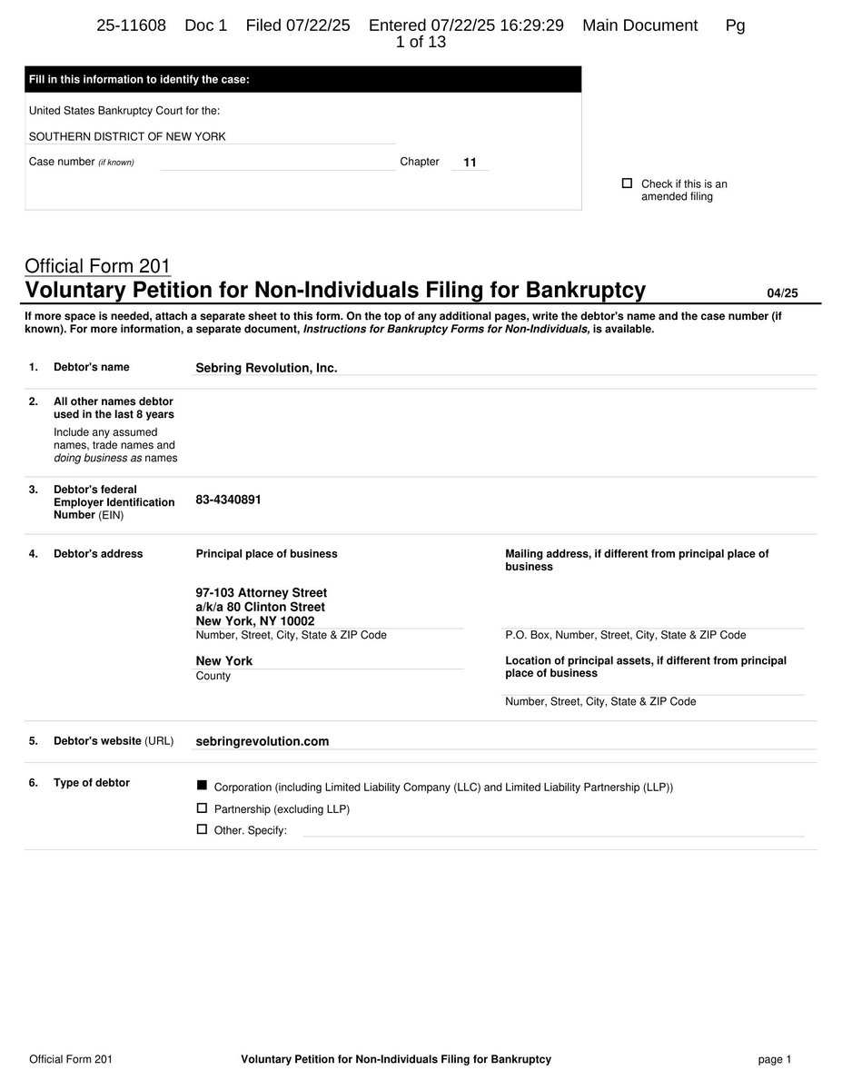 _RKConsultants's tweet image. Sebring Revolution, Inc. Files Chapter 11 Bankruptcy
🚨 BANKRUPTCY FILING ALERT 🚨
SEBRING REVOLUTION, INC.
Chapter 11 - SOUTHERN DISTRICT OF NEW YORK
Filed: July 22, 2025
Case No. 25-11608
📊 Assets: $100K-$500K | Liabilities: $500K-$1M | Total Creditors: 1-49 | Industry:…