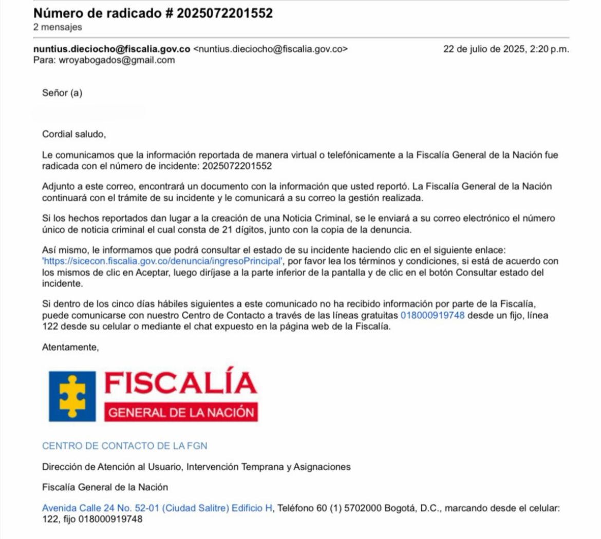 WilsonRuizO's tweet image. Tal como lo prometimos, a través de mi oficina de abogados radicamos la denuncia penal ante la @FiscaliaCol contra @alfredosaadev por promover la reelección de @petrogustavo. La imparcialidad de la función pública, no está en juego. No vamos a permitir que se pisotee la…