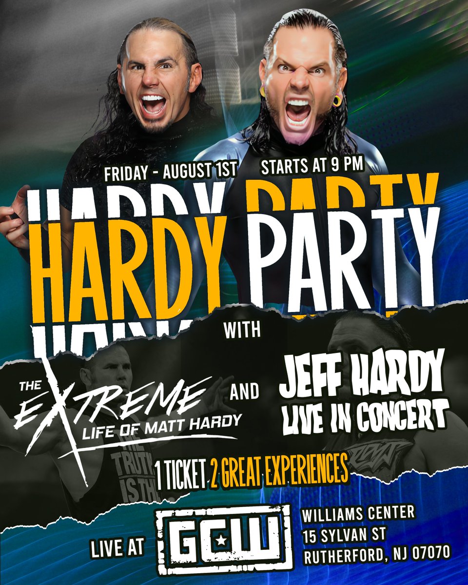 JonAlba's tweet image. Two chances to catch @MATTHARDYBRAND and @JEFFHARDYBRAND Hardy Parties in August!
Live @matthardypod followed by live Jeff concert! Meet & Greet (Kowloon show only) as well!
8/1: #SummerSlam weekend
8/10: The legendary @KowloonSaugus!
🎟️: HardyBoyzLive.com