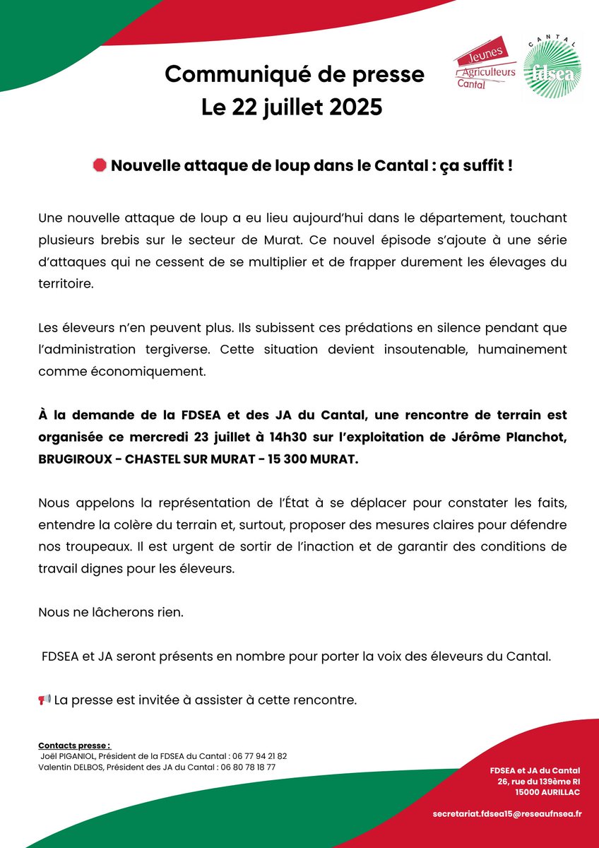 🚨 COMMUNIQUÉ DE PRESSE – Nouvelle attaque de loup: ça suffit!  
📍 Dans le Cantal, nos éleveurs n’en peuvent plus ! 
La FDSEA et les Jeunes Agriculteurs Cantal tirent une nouvelle fois la sonnette d’alarme 
Lire le communiqué complet ici 👇