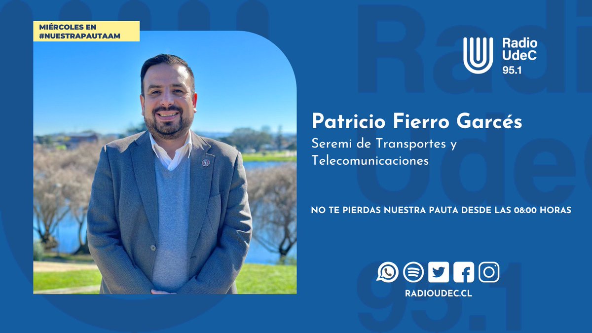 Radio UdeC (@radioudec) on Twitter photo #Entrevista 🎙️ Este miércoles en #NuestraPautaAM:
🔹Conversaremos con el seremi de Transportes y Telecomunicaciones, Patricio Fierro G., sobre el nuevo Puente Ferroviario y el transporte público en el Gran Concepción.
<a href="/MTTBiobio/">Seremitt Región del Biobío</a>
📻95.1 FM
💻radioudec.cl #Entrevista 🎙️ Este miércoles en #NuestraPautaAM:
🔹Conversaremos con el seremi de Transportes y Telecomunicaciones, Patricio Fierro G., sobre el nuevo Puente Ferroviario y el transporte público en el Gran Concepción.
<a href="/MTTBiobio/">Seremitt Región del Biobío</a>
📻95.1 FM
💻radioudec.cl