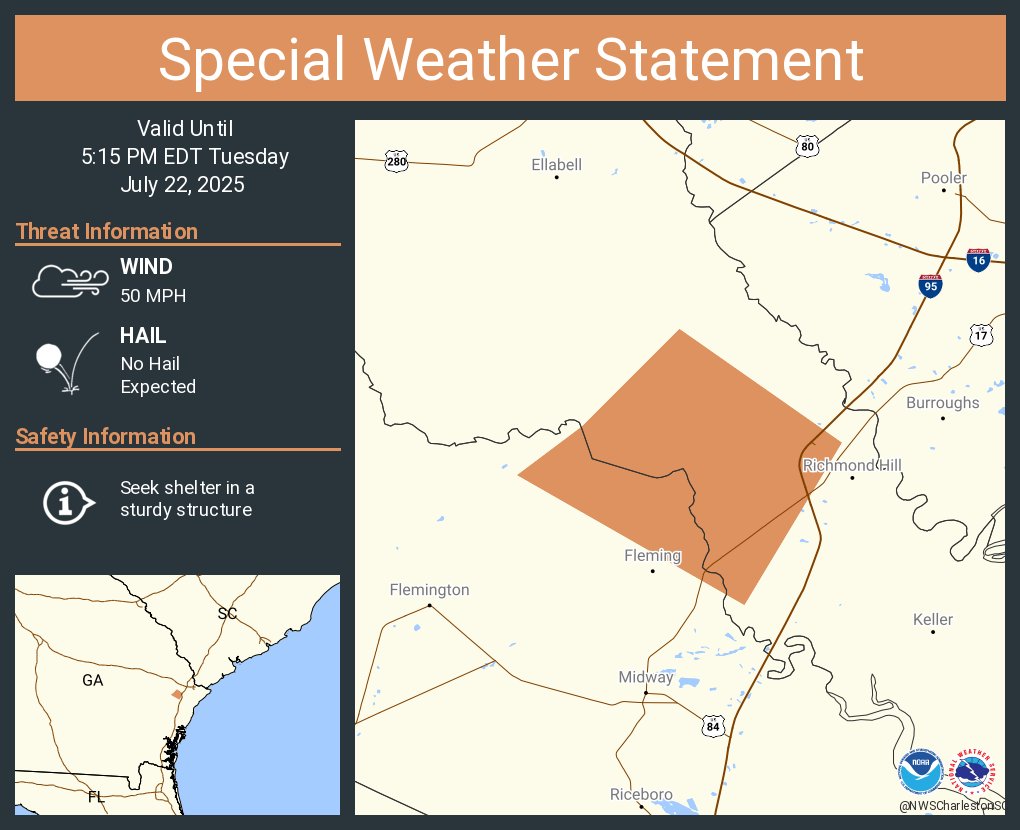 NWSCharlestonSC's tweet image. A special weather statement has been issued for Bryan County, GA until 5:15 PM EDT