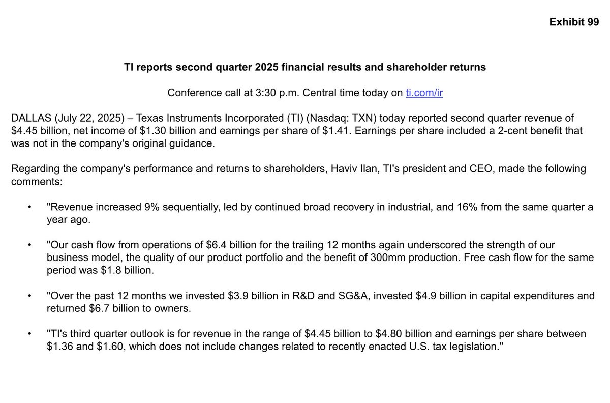 TheTranscript_'s tweet image. Texas Instruments double beat but disappoints on guidance.
CEO "Revenue increased 9% sequentially, led by continued broad recovery in industrial, and 16% from the same quarter a year ago"
$TXN: -8% AH