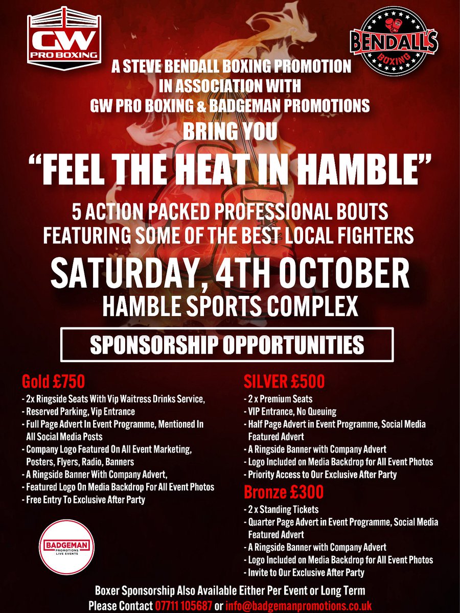 Next up for the hamble show October 4th dannyboardman1 gwproboxing

Tickets Now Available 
Be Part of the Journey, Sponsorship Packages Selling Fast

Contact info@badgemanpromotions.co.uk