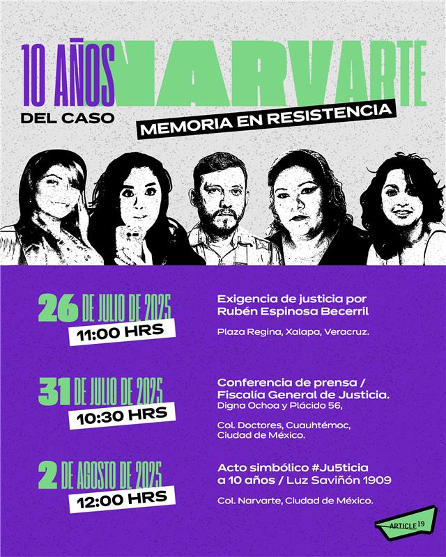 article19mxca's tweet image. ✊📢 Memoria en resistencia
✨ Rumbo al décimo aniversario del caso Narvarte, te invitamos a acompañar esta jornada de justicia y memoria para Nadia, Mile, Rubén, Alejandra y Yesenia.
#Ju5ticiaNarvarte
👇 Aquí los detalles: