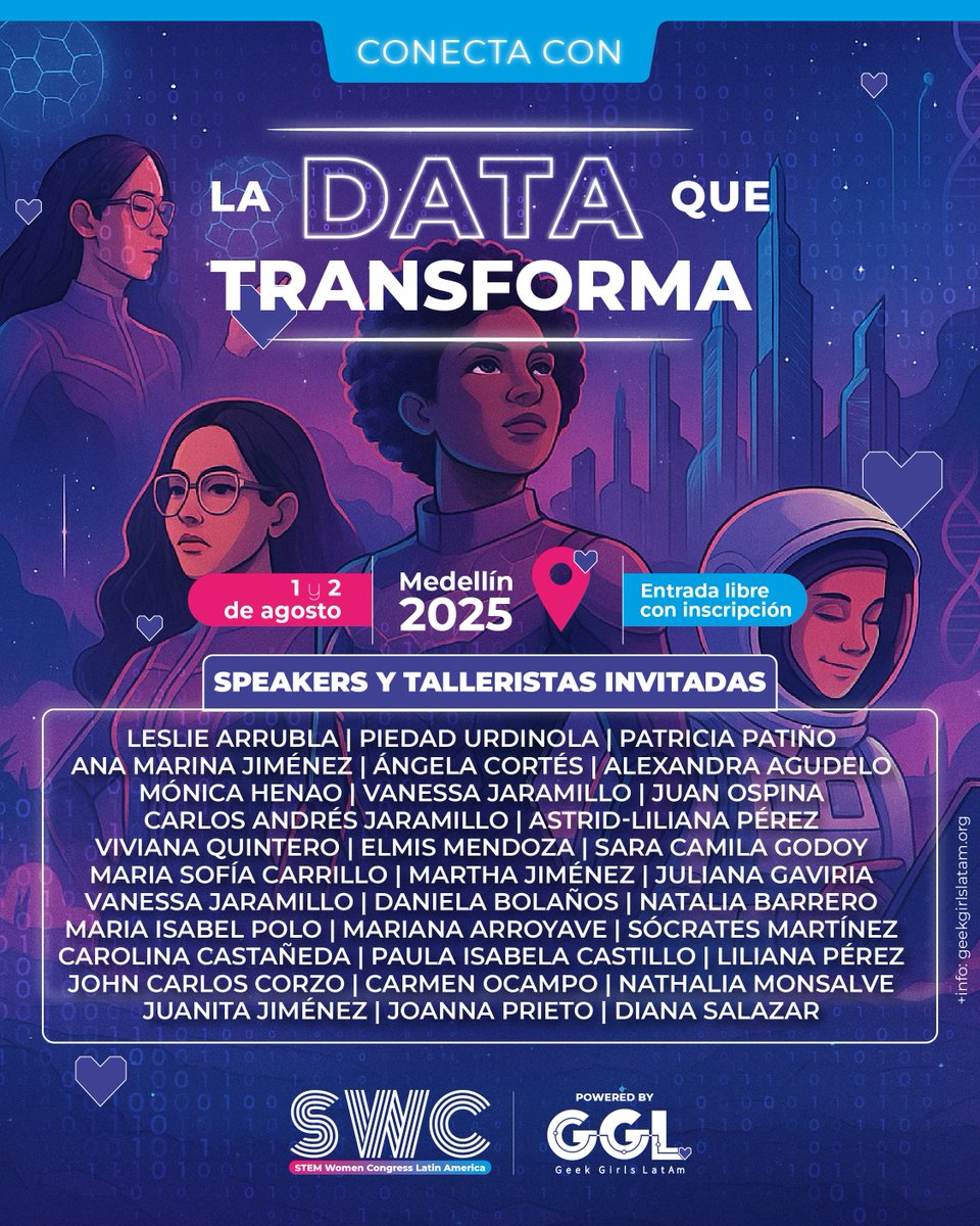 Geek Girls LatAm 💜 (@geekgirlslatam) on Twitter photo 🎙️ ¡Conoce a las líderes que están transformando la ciencia y la tecnología en la región! Speakers y talleristas del #SWCLA ya confirmadas 💜
📍 1 y 2 de agosto, Medellín.
🎟️ ¡Inscríbete ya! bit.ly/SWCLA2025
🏡Teatro Mayor San José, <a href="/uluisamigo/">Universidad Católica Luis Amigó</a>
#STEMWomenCongress 🎙️ ¡Conoce a las líderes que están transformando la ciencia y la tecnología en la región! Speakers y talleristas del #SWCLA ya confirmadas 💜
📍 1 y 2 de agosto, Medellín.
🎟️ ¡Inscríbete ya! bit.ly/SWCLA2025
🏡Teatro Mayor San José, <a href="/uluisamigo/">Universidad Católica Luis Amigó</a>
#STEMWomenCongress