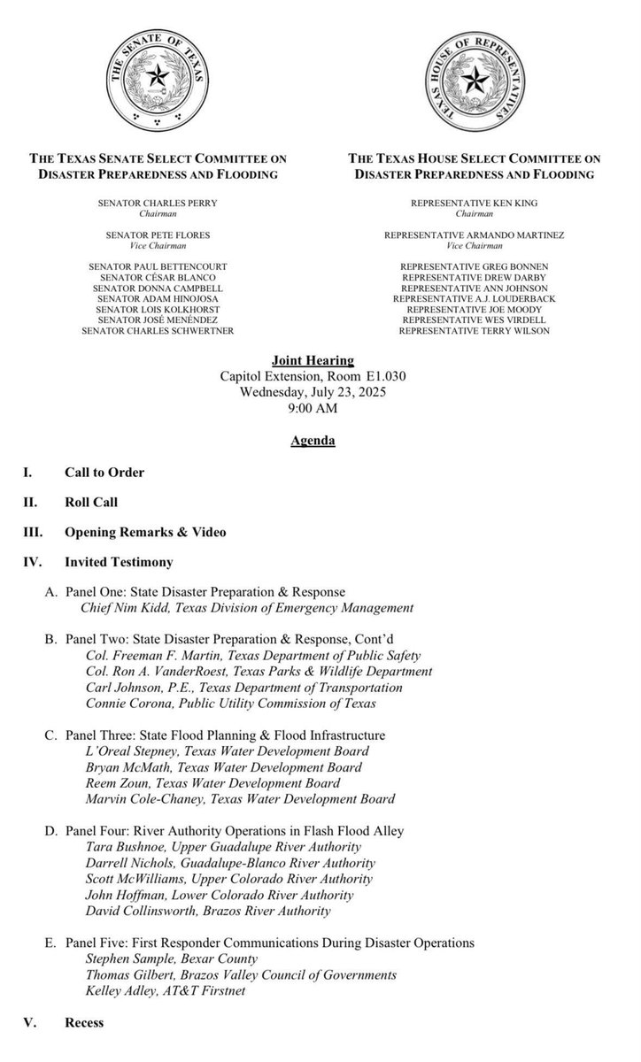 baylisswagner's tweet image. Invited testimony at tomorrow’s #txlege joint Disaster Preparedness & Flooding committees will include several state agency heads, the Texas Water Development Board, river authority officials and a panel on emergency communications, per agenda: