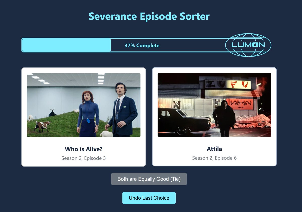 outsidehelly's tweet image. made this severance episode sorter
insidehelly.github.io/sorter