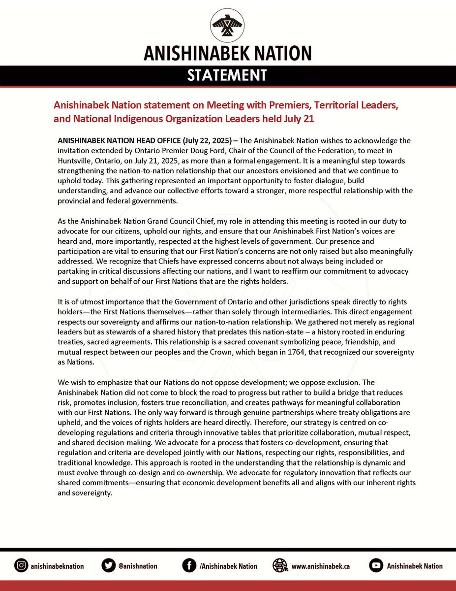 AnishNation's tweet image. Anishinabek Nation statement on Meeting with Premiers, Territorial Leaders, and National Indigenous Organization Leaders held July 21
Read the full statement via Anishinabek News: anishinabeknews.ca/2025/07/22/ani…