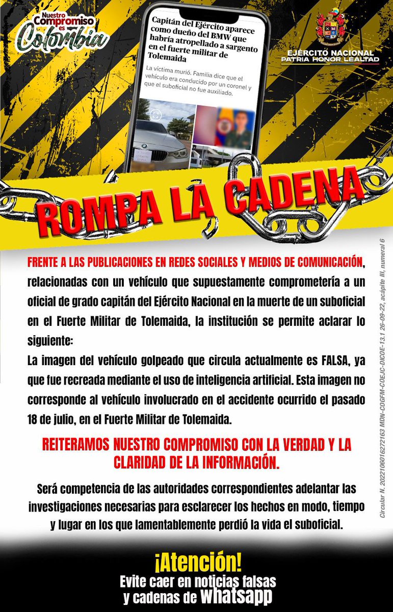 COL_EJERCITO's tweet image. #ComunicaciónOficial | Frente a las recientes publicaciones en redes sociales y algunos medios de comunicación, relacionadas con un vehículo que supuestamente comprometería a un oficial de grado capitán del Ejército Nacional en la muerte de un suboficial en el Fuerte Militar de…