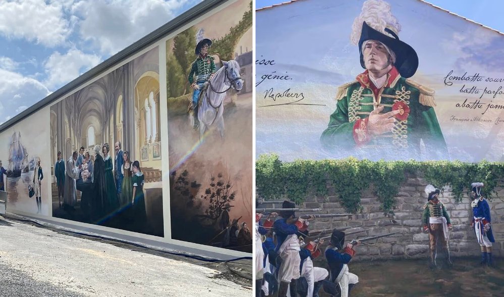 F_Desouche's tweet image. La Garnache (85) : une gigantesque fresque historique consacrée au général Charette. « Inciter les habitants et visiteurs à fouiller le passé du territoire »
fdesouche.com/2025/07/22/la-…