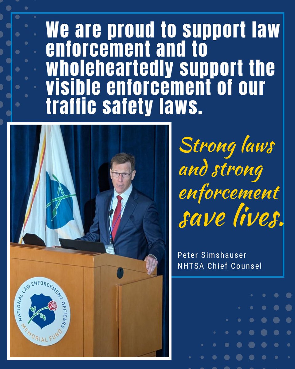 NHTSAgov's tweet image. NHTSA along with the National Law Enforcement Officers Memorial Fund hosted a full-day forum today focused on reducing traffic-related fatalities and injuries among law enforcement officers. NHTSA’s Chief Counsel Peter Simshauser spoke at the event, and thanked officers for their…