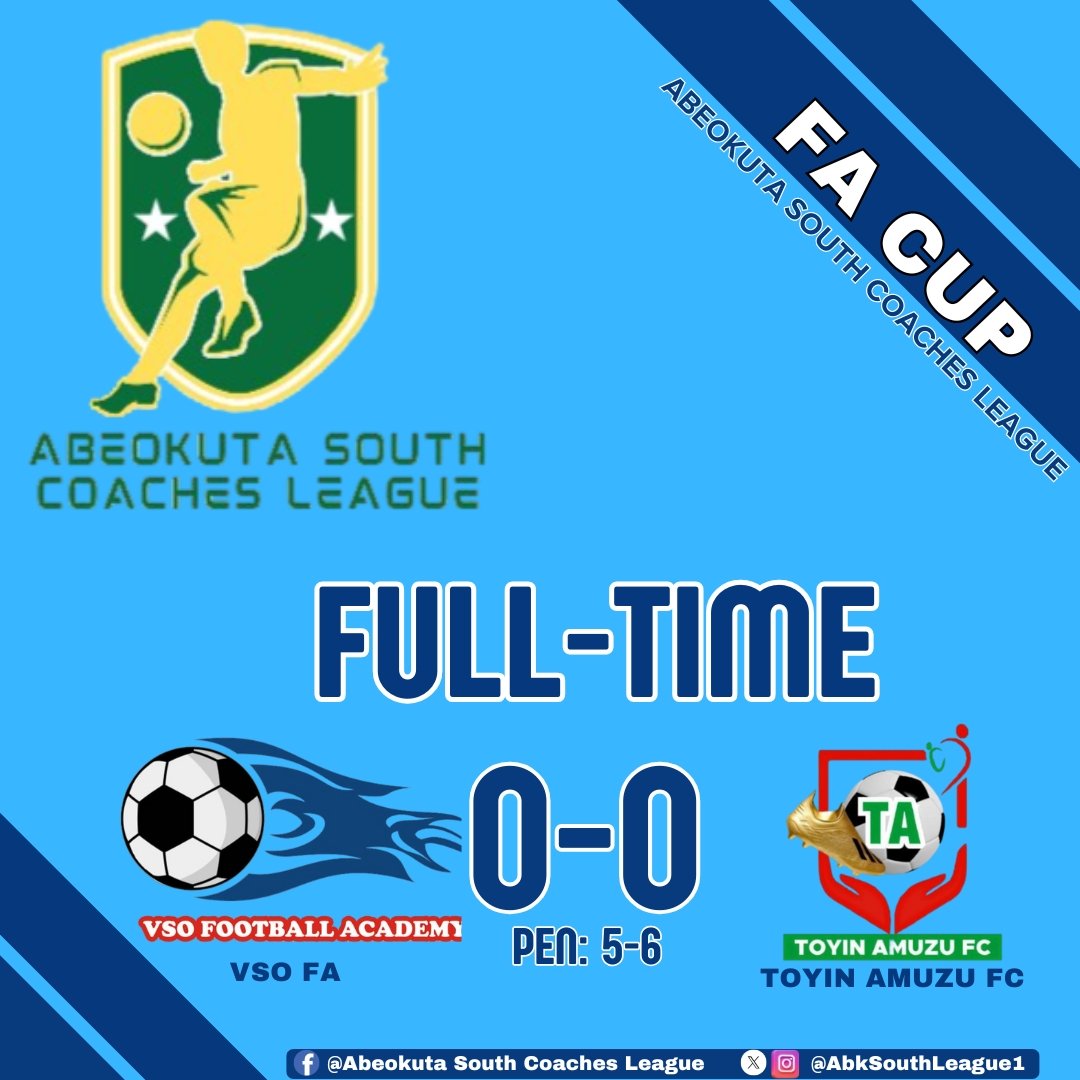 AbkSouthLeague1's tweet photo. 🚨Abeokuta South Coaches League 2025 FA CUP (KNOCKOUT STAGE)
RESULTS
#ASCL25 #ASCLFACUP25 #Grassrootfootball #Ogunstatefootball https://t.co/aguYuQu8tV