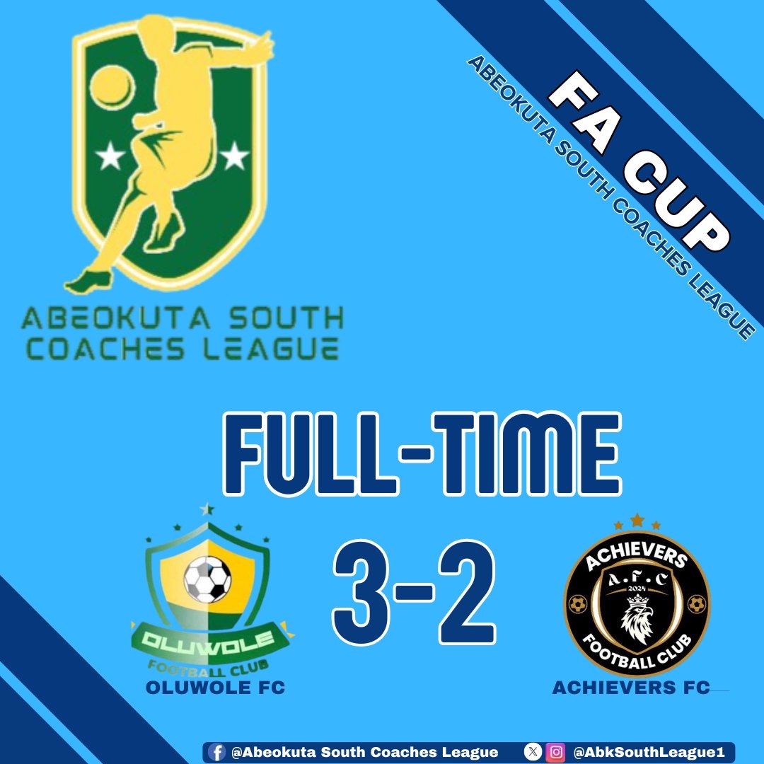 AbkSouthLeague1's tweet photo. 🚨Abeokuta South Coaches League 2025 FA CUP (KNOCKOUT STAGE)
RESULTS
#ASCL25 #ASCLFACUP25 #Grassrootfootball #Ogunstatefootball https://t.co/aguYuQu8tV