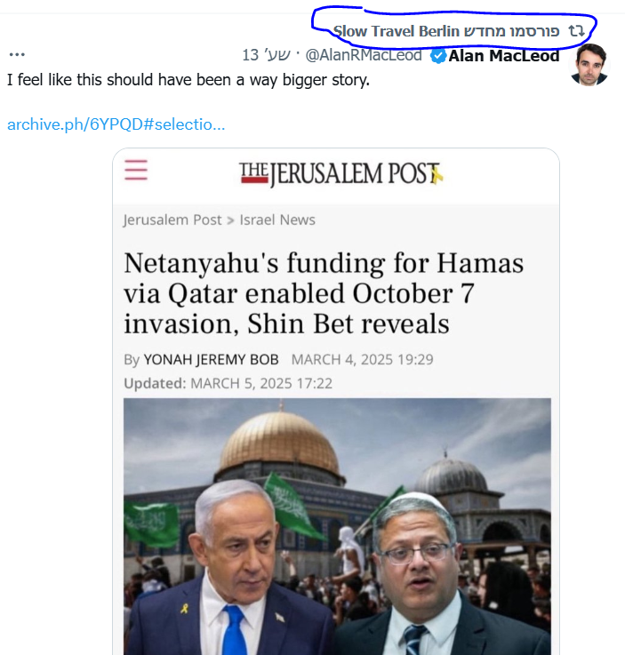 Why does the user <a href="/slowberlin/">Slow Travel Berlin</a> tweet something that has absolutely nothing to do with Berlin, but instead tweets about something related to the Middle East?