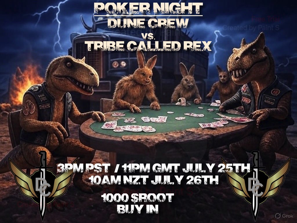 DeDhat | Dune Crew (@dedhatcrankin) on Twitter photo Poker Nyte Incummin!!
1 x Aifa player
<a href="/TribeCalledRex/">Tribe Called Rex</a> Rex Coins and free Mint
$DCC Token
$root Token
1 x <a href="/Critters_club/">critters community</a>
All up 4 grabs
Pays 2 be Amongst !!!
Make sure u get in and register in Dune Crew Discord!!
Bants will crank I guarantee it
🔥🔥🔥💪💪💪
#DuneCrew4Lyfe Poker Nyte Incummin!!
1 x Aifa player
<a href="/TribeCalledRex/">Tribe Called Rex</a> Rex Coins and free Mint
$DCC Token
$root Token
1 x <a href="/Critters_club/">critters community</a>
All up 4 grabs
Pays 2 be Amongst !!!
Make sure u get in and register in Dune Crew Discord!!
Bants will crank I guarantee it
🔥🔥🔥💪💪💪
#DuneCrew4Lyfe