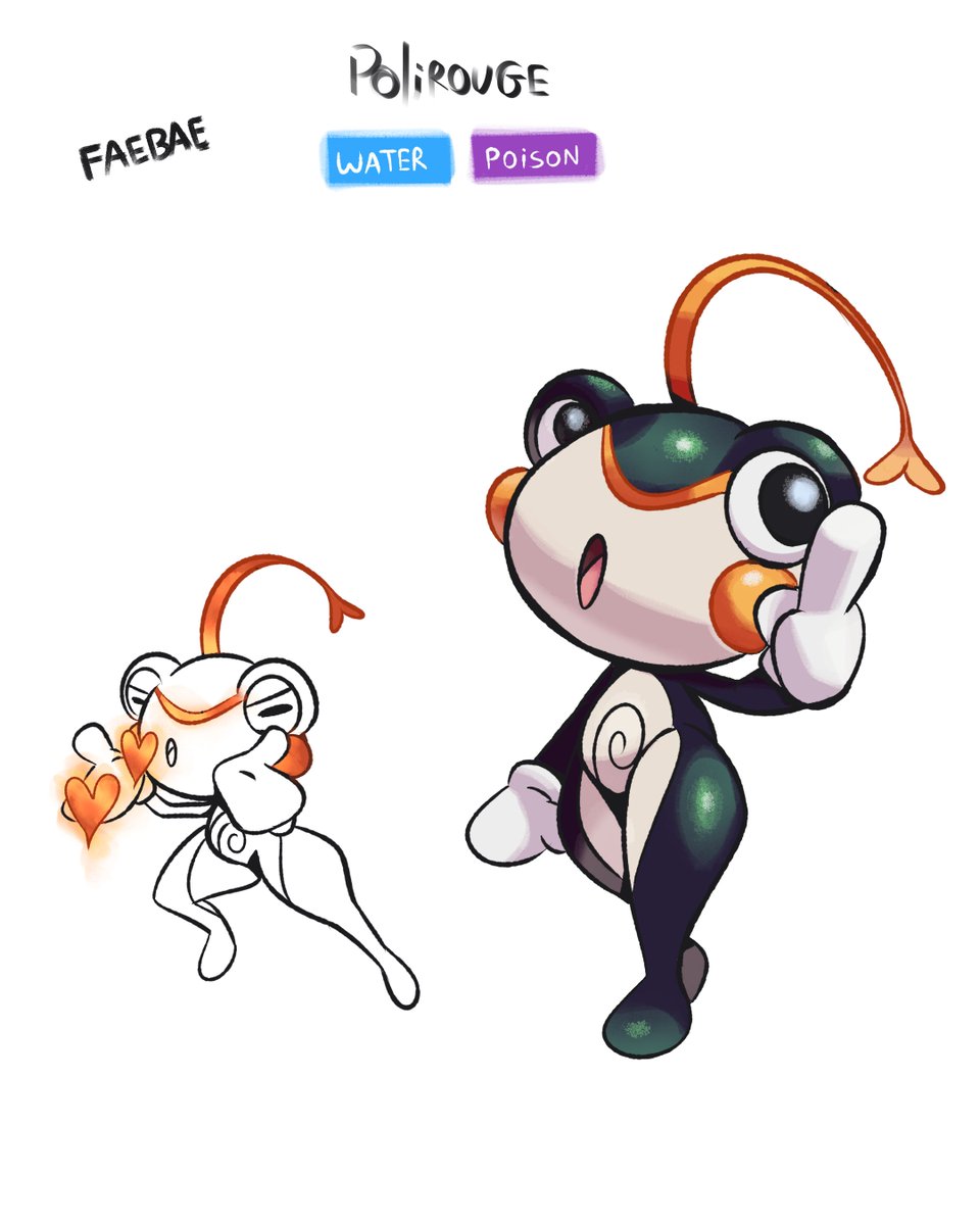 baefakemon's tweet image. Poliwhirl new evolution!
Polirouge (from rouge) is inspired by a femme fatale and a poison kiss. So dont be like princess and the frog, avoid her kiss!
If you wanna own this design, DM me or check my kofi!