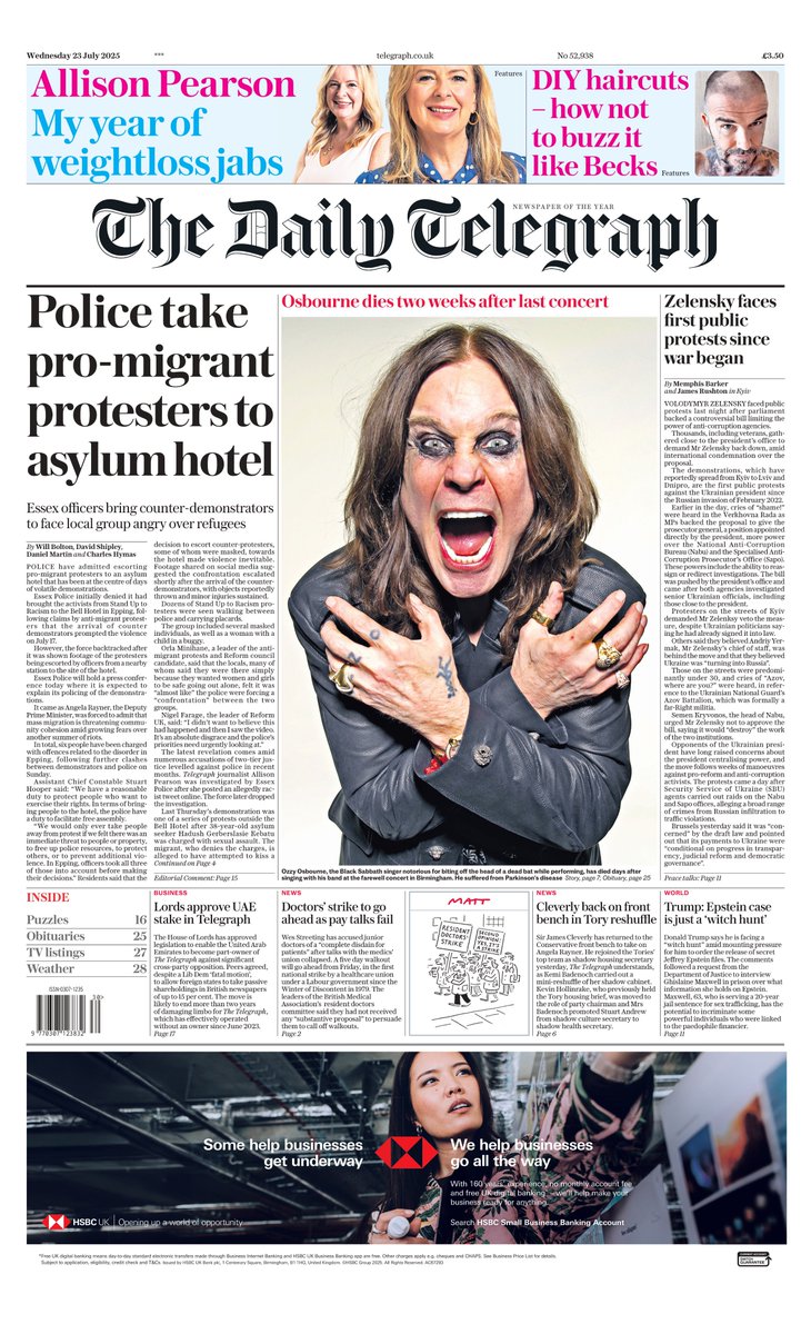 Telegraph's tweet image. The front page of tomorrow's Daily Telegraph:
'Police take pro-migrant protestors to asylum hotel'
#TomorrowsPapersToday
Sign up for the Front Page newsletter
telegraph.co.uk/frontpage-news…